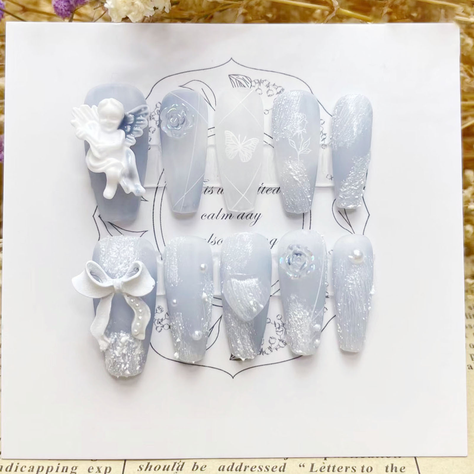 3D Plaster Angel False Nails G - Pressed Flower Art ulasan dan harga