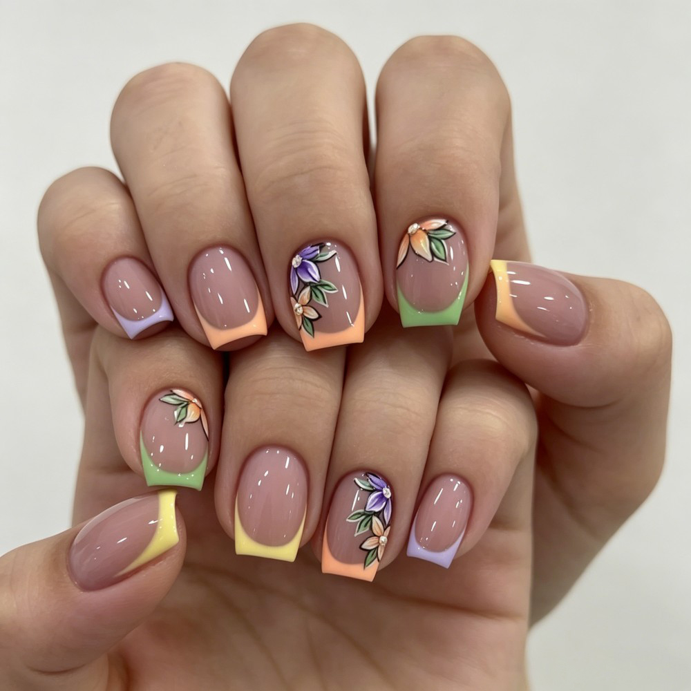 24Pcs Pink Floral French Tip G - Pressed Flower Art ulasan dan harga